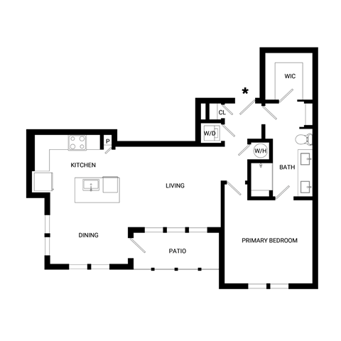 Floor plan for 1 bed, 1 bath, 908 sqft